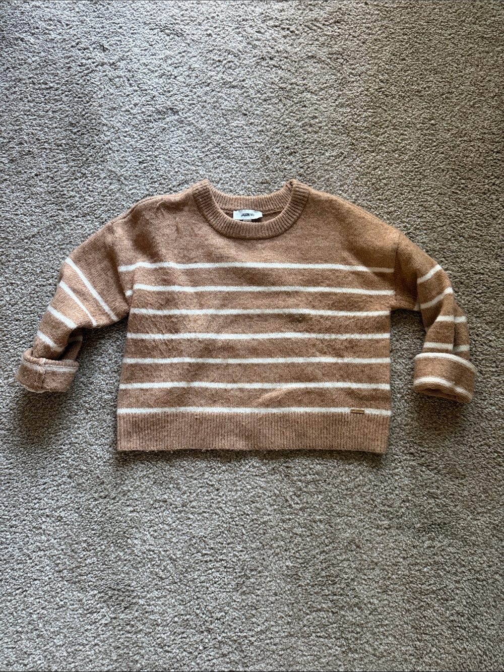 Camel and Cream Striped Crewneck Sweater